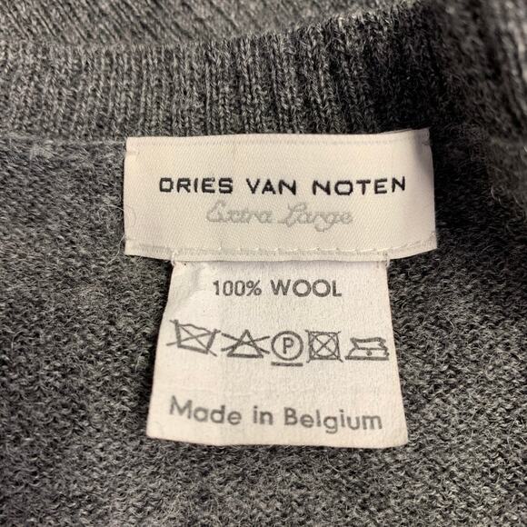 DRIES VAN NOTEN Size XL Grey Navy Cream Stripe Wool V-Neck Pullover - Picture 7 of 7